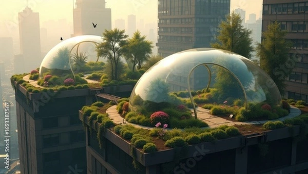 Fototapeta Transparent bio-domes with a sleek, modern architecture perched on the rooftops of abandoned skyscrapers