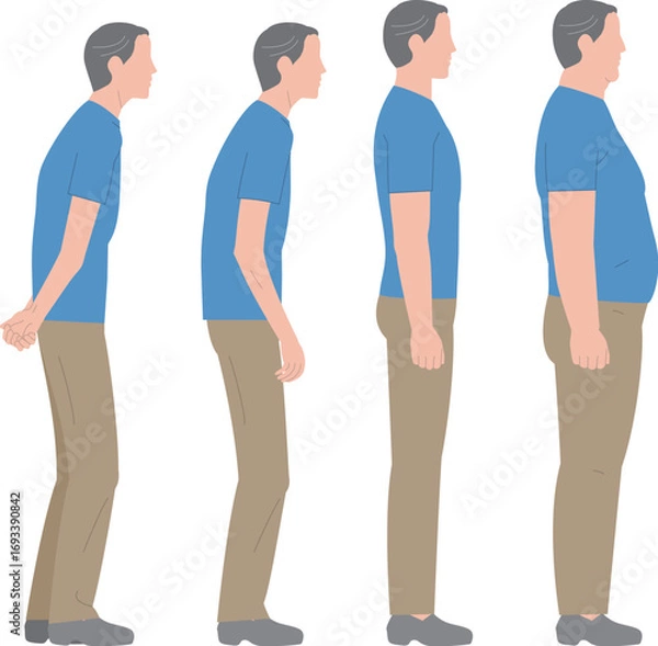 Obraz シニアの男性の横から見た全身。肥満、背中が曲がった高齢者のイラスト