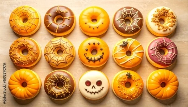 Obraz A top-down collection of festive Halloween donuts, featuring playful designs like jack-o'-lanterns, spiderwebs, and monster faces. Ideal for seasonal advertising campaigns and food related promotions.