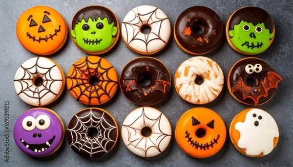 Obraz A top-down collection of festive Halloween donuts, featuring playful designs like jack-o'-lanterns, spiderwebs, and monster faces. Ideal for seasonal advertising campaigns and food related promotions.