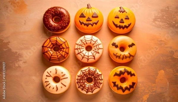 Obraz A top-down collection of festive Halloween donuts, featuring playful designs like jack-o'-lanterns, spiderwebs, and monster faces. Ideal for seasonal advertising campaigns and food related promotions.