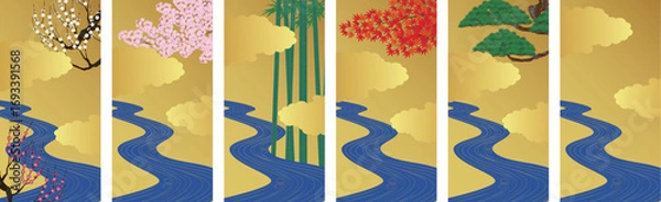 Obraz 日本風の背景。梅。桜竹紅葉松の四季の植物と青い川のイラスト。