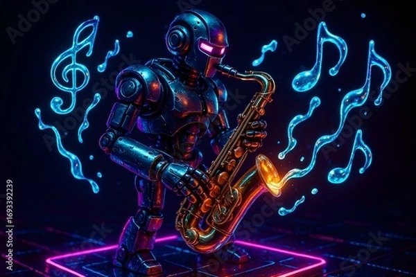 Fototapeta Robot saxophonist on floating neon stage with liquid light music notes cyberpunk 3D illustration style