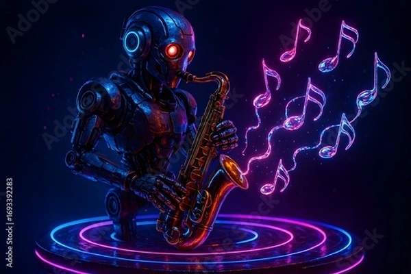 Fototapeta Robot saxophonist on floating neon stage with liquid light music notes cyberpunk 3D illustration style