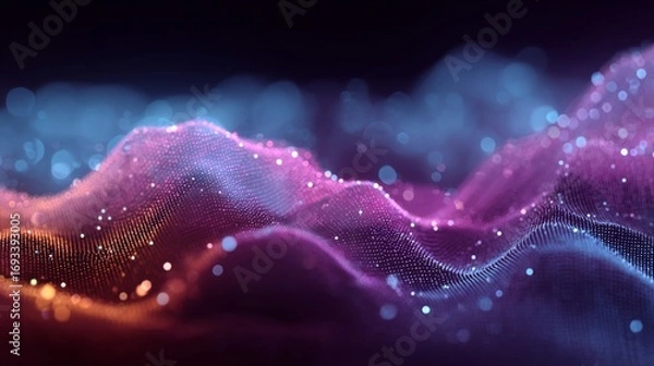 Fototapeta Gradient waves in motion highlighting digital engineering. Cyber interaction. Innovative fusion of orange, blue, and silver digital waves. Cyber technology. Human partnership.
