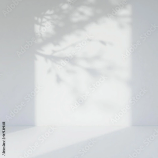 Obraz Soft sunlight through window casting leaf shadows on a white wall