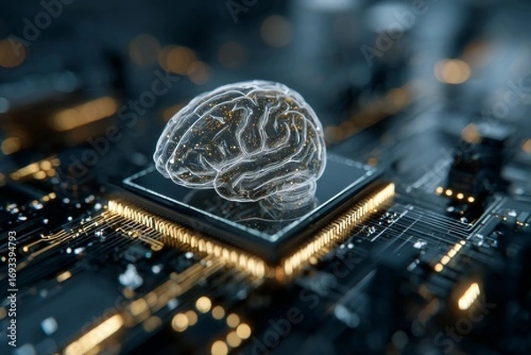Fototapeta The symbiotic future of human cognition and tech innovation. Business intelligence. Complex brain-motherboard union: illuminating digital and neural paths. Digital control. Data visualization.