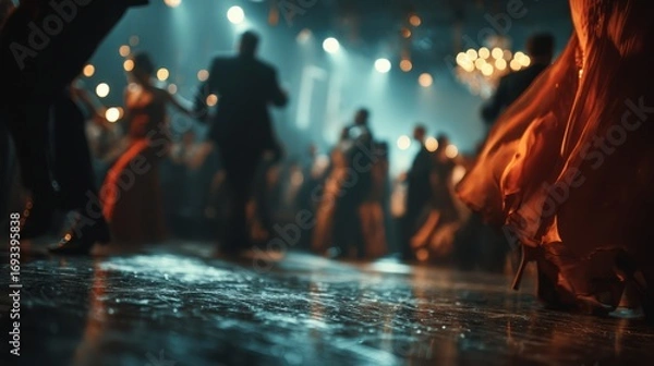Fototapeta A vibrant dance scene featuring elegantly dressed individuals moving gracefully under soft, atmospheric lighting, creating a lively and elegant ambiance.