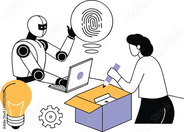 Fototapeta Robot and human collaborate on innovation project using technology and ideas white background