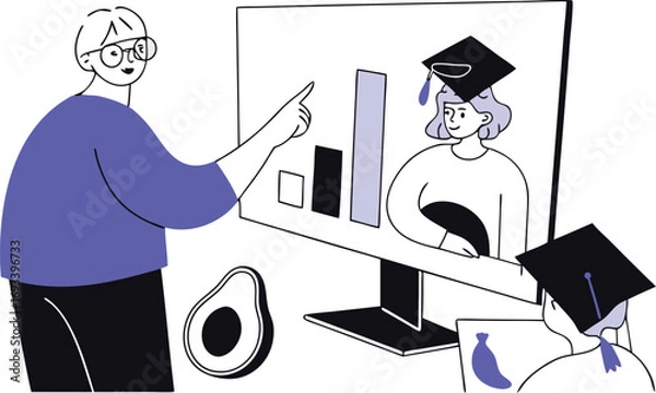 Fototapeta Modern vector illustration of a live online class with teacher presenting data white background