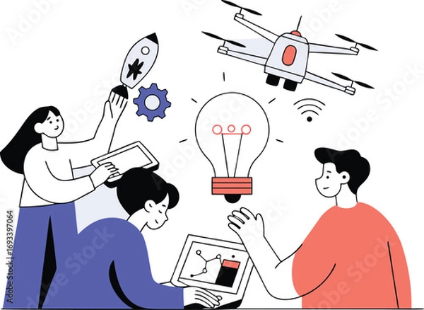 Fototapeta Vector illustration of teamwork inspiring technological innovation and future ideas white background