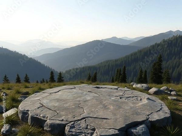 Obraz Large flat rock in foreground with layered mountain landscape in background