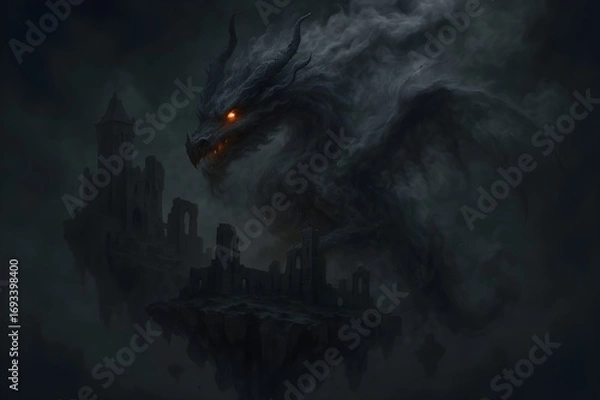 Fototapeta Dragon made of smoke and ashes with fiery eyes over floating ruins of ancient castle dark fantasy 3D dramatic lighting ethereal texture