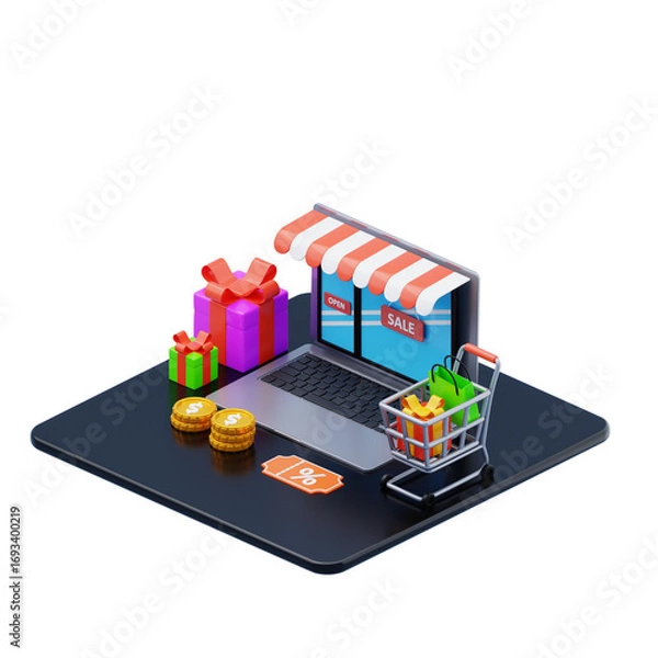 Obraz 3d isometric online shopping store illustration