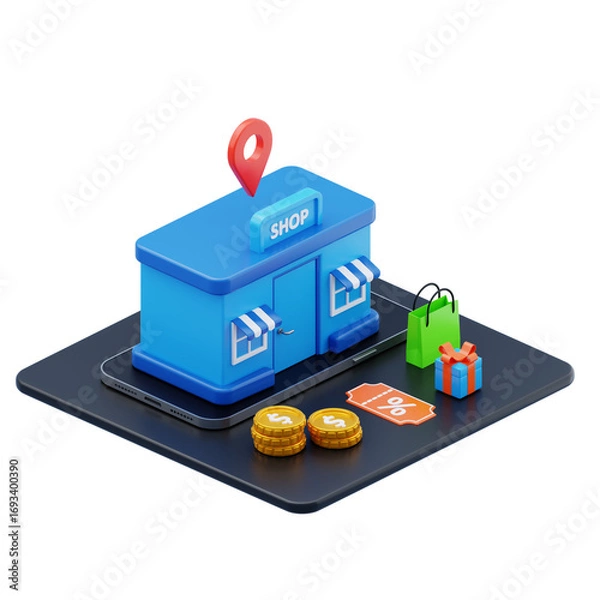 Obraz 3d isometric online shopping store building