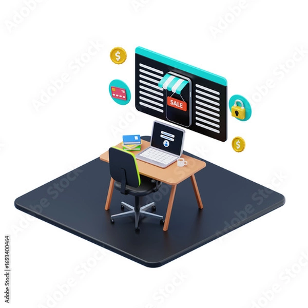 Obraz 3d isometric secure online shopping workspace. 3D Isometric M Commerce, Strategic Partnership, Co-working Space Center