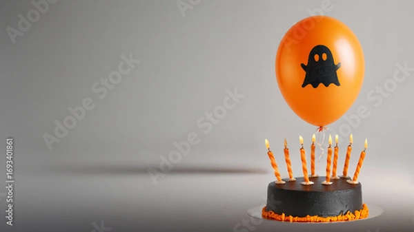 Fototapeta An orange balloon with a simple black flat icon of a silhouette of Halloween ghost printed on it, floating above a black and orange Halloween birthday cake