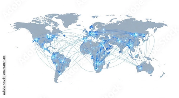 Obraz World map with interconnected blue lines representing global communication and data network on isolated transparent background.