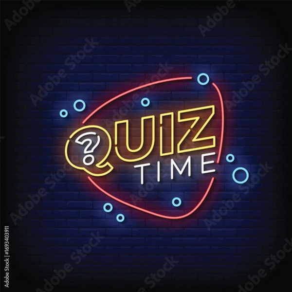 Fototapeta quiz time neon sign with brick wall background vector