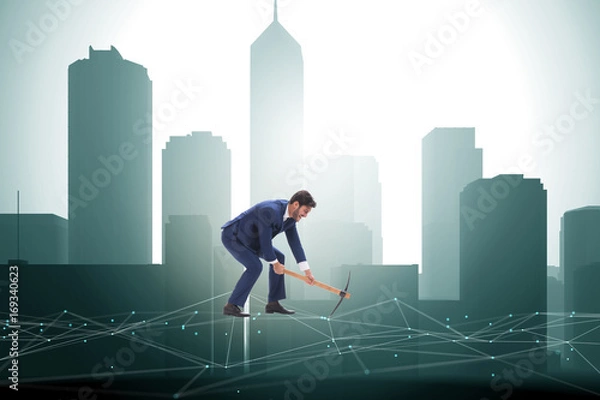 Fototapeta Cryptocurrency concept with businessman mining money