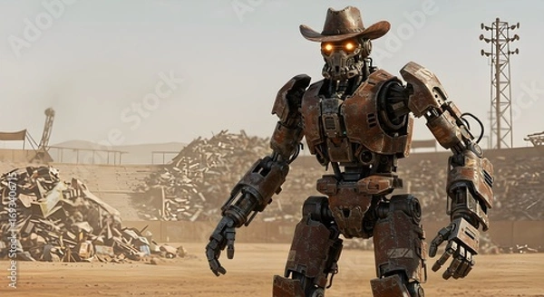 Obraz Rusty robot cowboy desert landscape