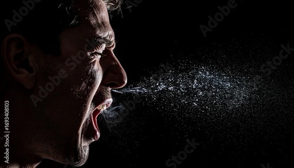 Fototapeta Close-up cinematic view of a person dramatically sneezing against a black background, highlighting airborne particles and intense facial expression with dynamic lighting and high-detail motion capture