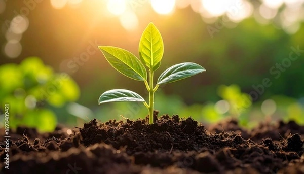 Fototapeta Sprout emerging from soil, bright sunlight
