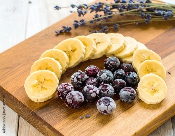 Fototapeta Fresh banana slices and blueberries
