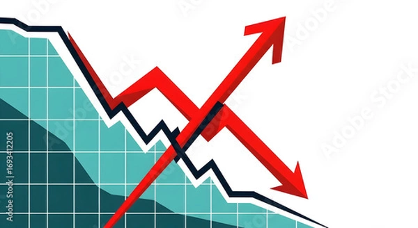 Fototapeta Financial Market Dynamics Represented By A Dramatic Chart Showing Growth And Decline With Red Arrows Signifying Market Trends And Shifts