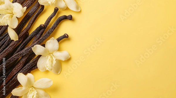 Fototapeta Vanilla beans and flowers on a yellow background with copy space for text or product display. Vanilla background illustration.