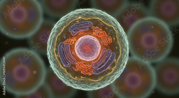 Fototapeta Detailed Illustration of Cell Structure with Mitochondria and Nucleus Showcasing Intricate Organelles and Microbiological Processes for Scientific