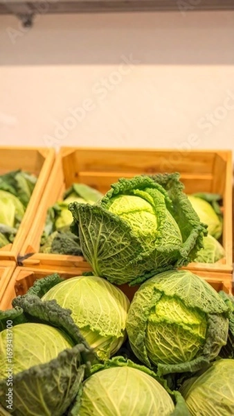 Fototapeta Fresh cabbages in wooden crates (1)