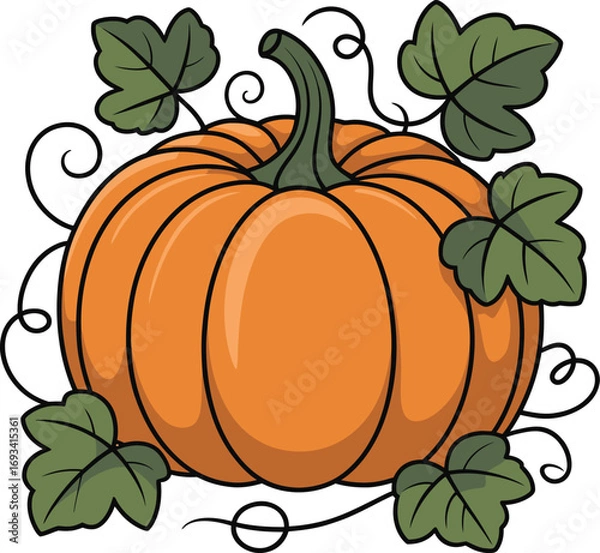 Fototapeta Autumn pumpkin with falling leaves and twisting vines silhouette