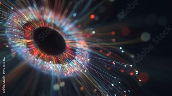 Fototapeta Illuminated prism: unveiling the hidden depths of the human eye. Internet communication icon. Dynamic rainbow lines crafting an intricate human eye animation. Digital communication link.
