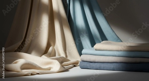 Fototapeta Draped Beige and Blue Fabrics with Soft Textures in a Studio Setting