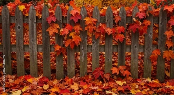 Fototapeta Red And Orange Maple Leaves On A Wooden Fence In Autumn
