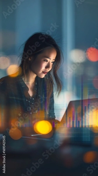 Fototapeta Empowering efficiency: balancing digital tools at the office. Mechanical intelligence. On-the-go tech-savvy: an asian businesswoman immersed in online tasks. Digital entity. Machine intelligence.