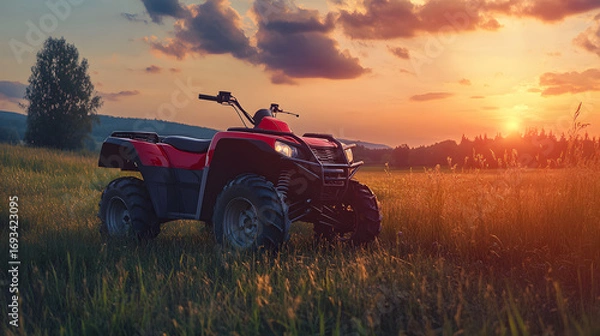 Fototapeta A red ATV in an open field with a beautiful natural background and sunset. Illustration of a vacation and nature background.
