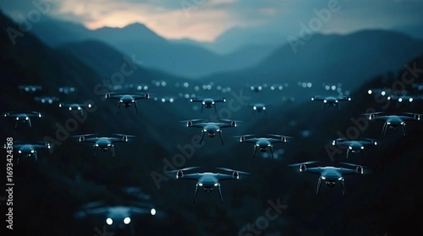 Obraz Aerial panoramic shot of night sky filled with drone swarm military lights in tactical formation.