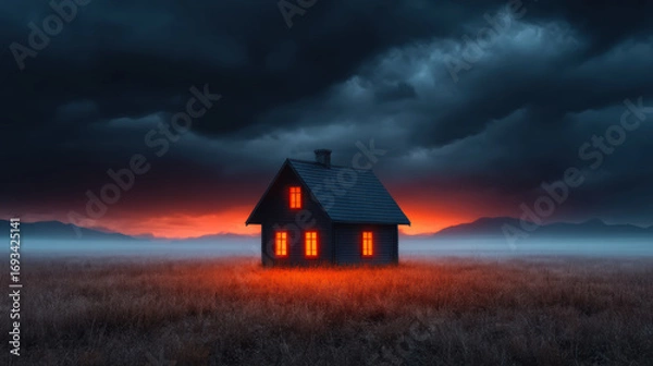 Fototapeta Haunted house with glowing windows in dark field under stormy sky creates spooky halloween banner atmosphere for eerie celebration