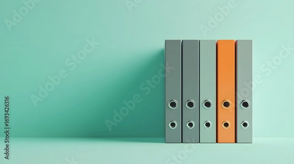 Fototapeta Illustration of gray and orange office files on a light mint background with empty space. Business background illustration.