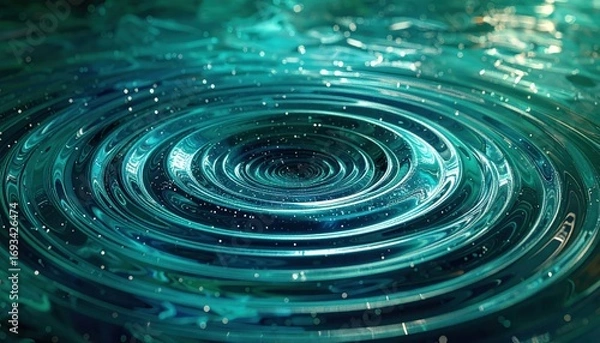 Fototapeta A mesmerizing display of concentric circles, exhibiting a captivating teal and dark teal color scheme, with subtle, sparkling particles, creating a dynamic and visually striking abstract design.