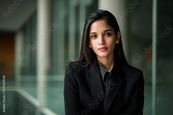 Fototapeta Stunning portrait of confident businesswoman looking directly at camera in a modern office setting with natural light and elegant professional attire