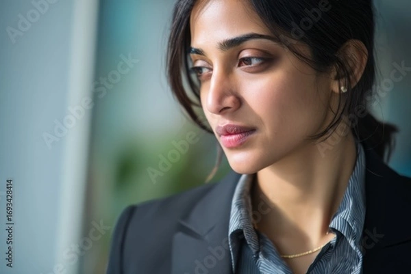 Fototapeta Pensive young businesswoman looking thoughtfully out window in modern office, contemplating future business strategies and innovative solutions