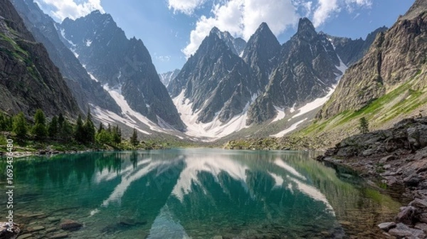 Fototapeta Majestic Mountain Lake Scene with Snow Capped Peaks and Green Forest in Bright Daylight
