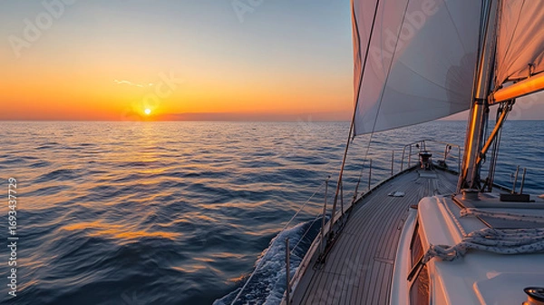 Fototapeta View of an open-air cabin sailboat sailing on the ocean waters at sunset. Illustration of a seascape background.