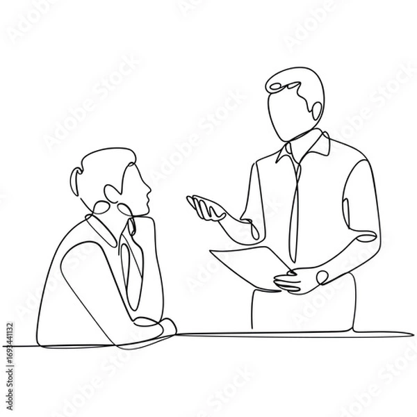 Fototapeta Two people in a meeting discussing a document with one person holding papers