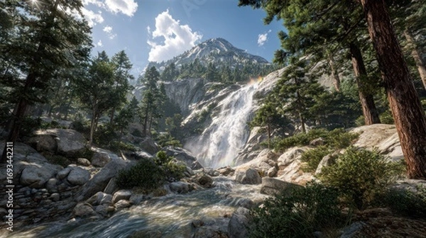 Fototapeta Majestic Mountain Waterfall Surrounded by Tall Pines in Forest Scene