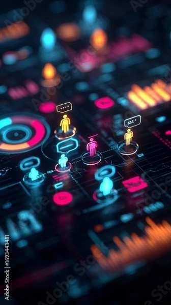 Fototapeta Data horizons: exploring analytics with holograms. Social media interaction. Innovation aglow: holographic charts in futuristic design. Social media community. Online friendship symbol.