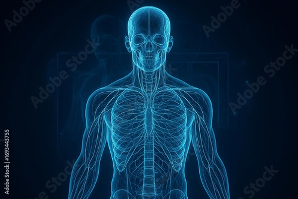 Fototapeta AI generated ultra realistic hologram of human upper body showing skull spine ribcage and nerves with glowing neon blue futuristic medical science and abstract digital particle background